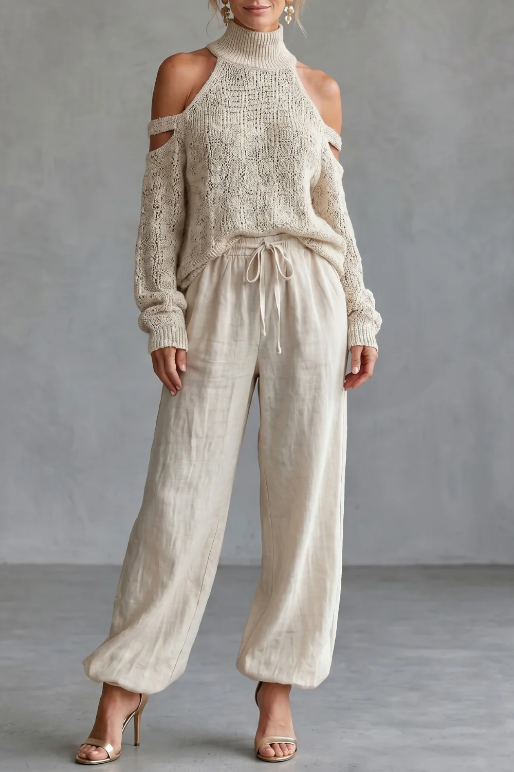Aurellia – Cozy open-shoulder design – Knit trouser set