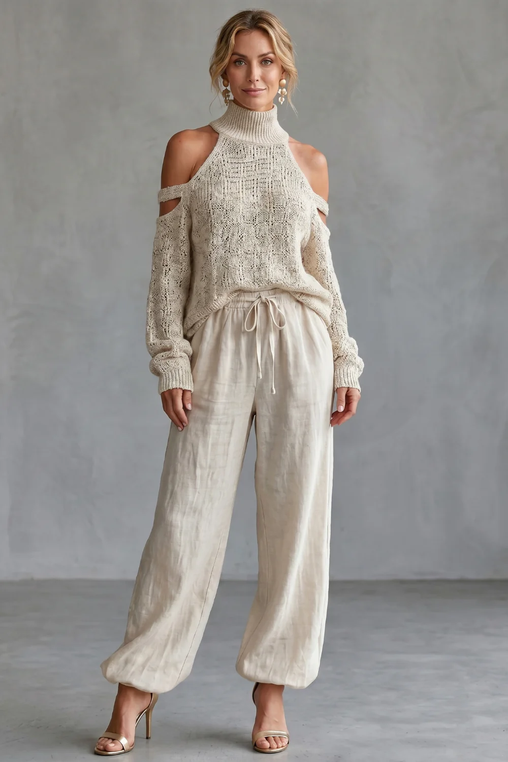 Aurellia – Cozy open-shoulder design – Knit trouser set - Image 2