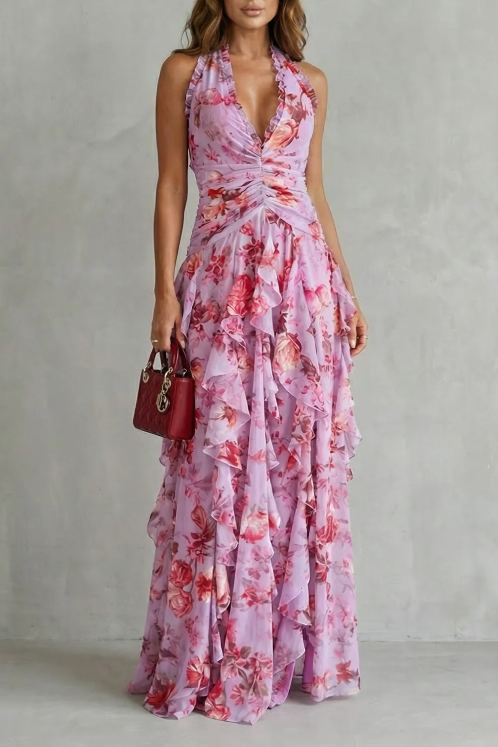 Belladina – Romantic rose cascade – Halter maxi dress