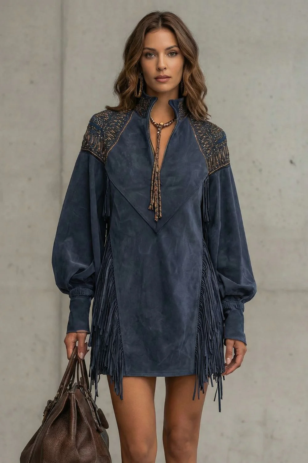 Calvetta – Embroidered fringe detail – Tunic mini dress - Image 2