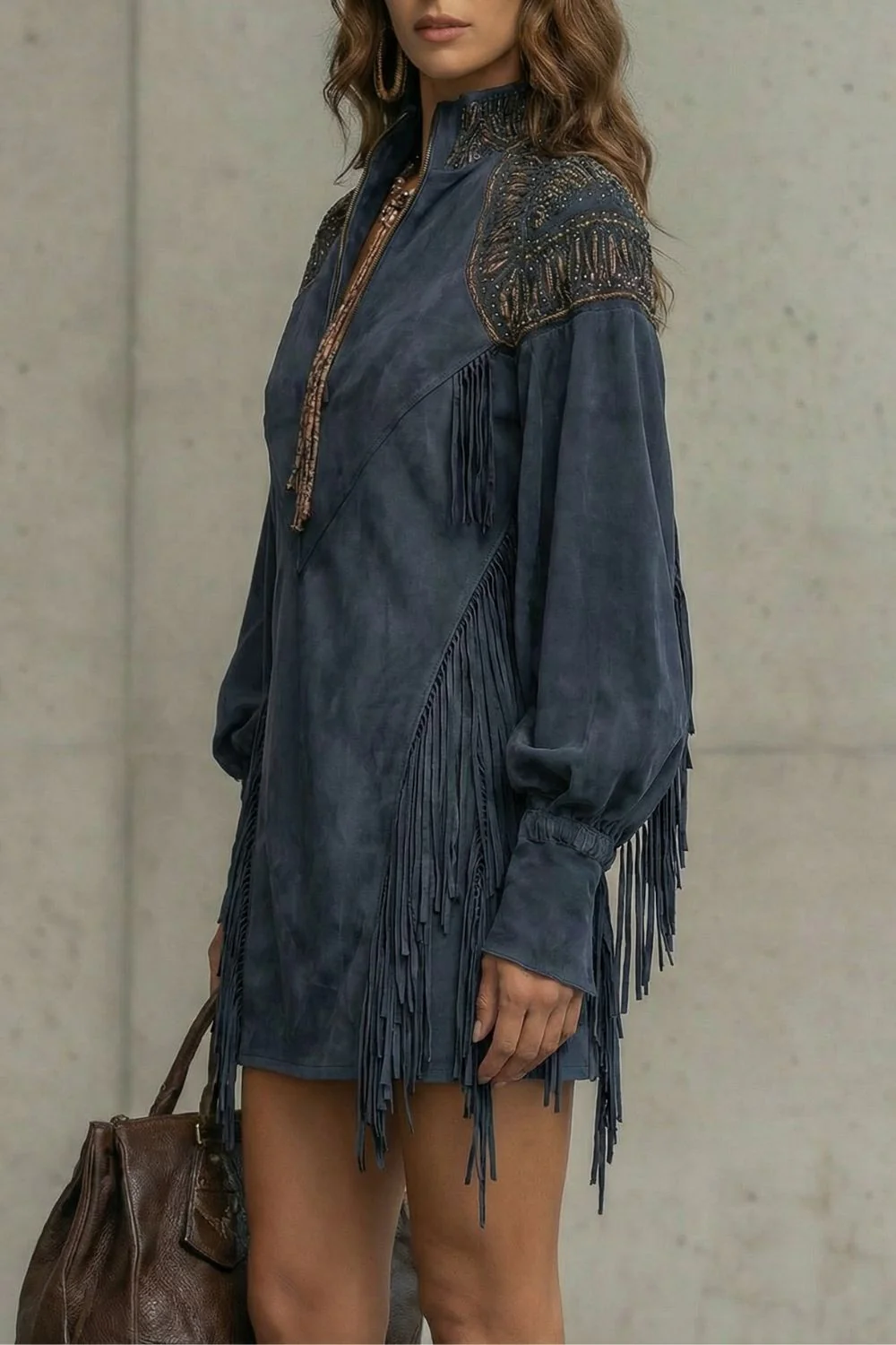 Calvetta – Embroidered fringe detail – Tunic mini dress - Image 3