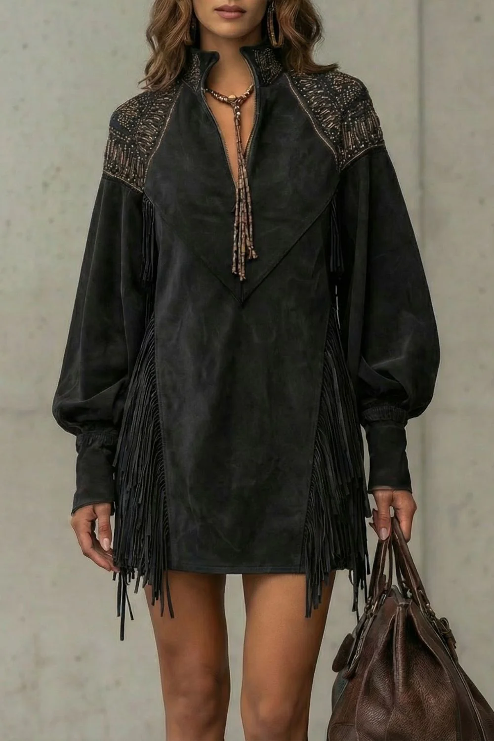 Calvetta – Embroidered fringe detail – Tunic mini dress - Image 5