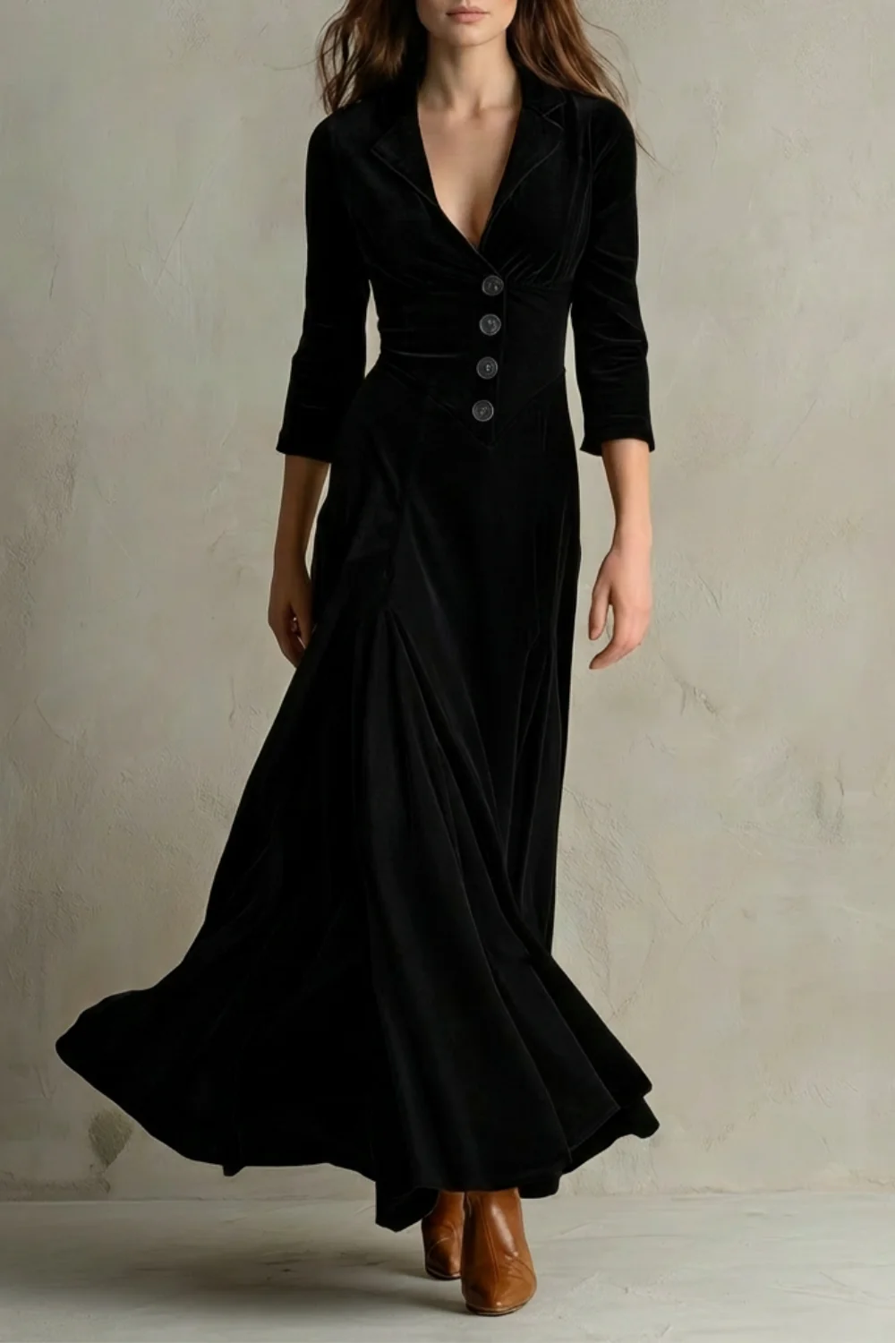 Celeste – Vintage Velvet Long Dress – Elegant Buttoned Swing Skirt with Lapel Detail