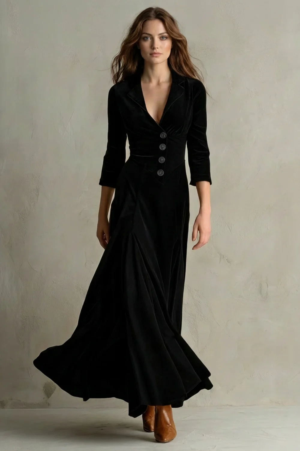 Celeste – Vintage Velvet Long Dress – Elegant Buttoned Swing Skirt with Lapel Detail - Image 2