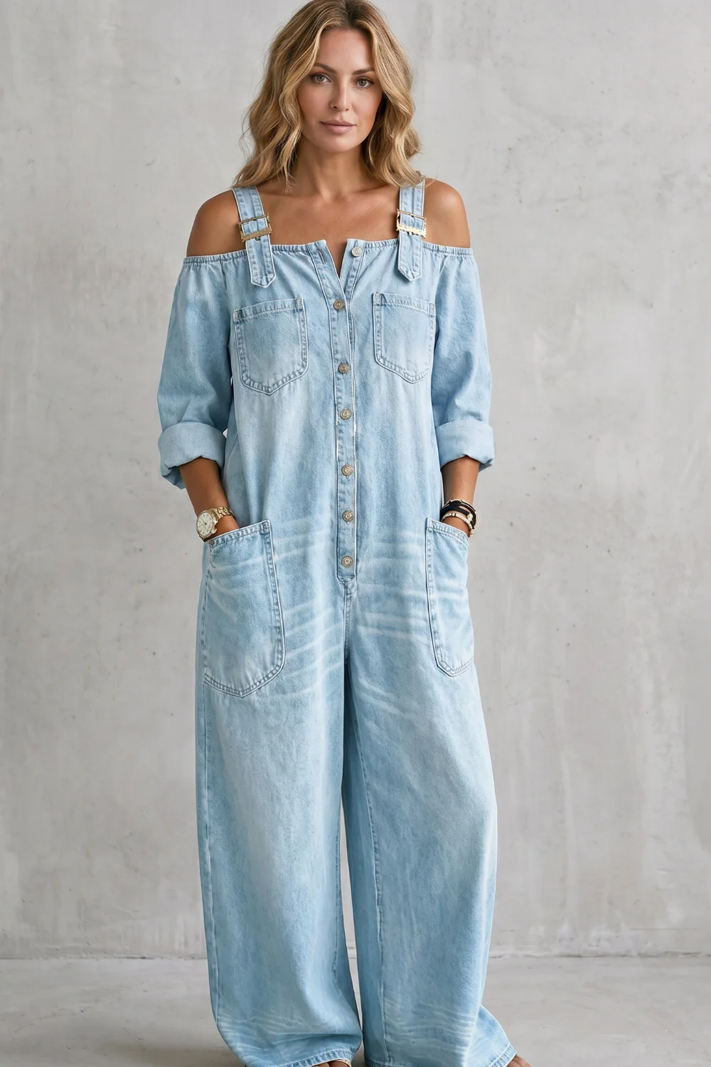 Denimora – Off-shoulder utility charm – Wide-leg overalls - Image 10