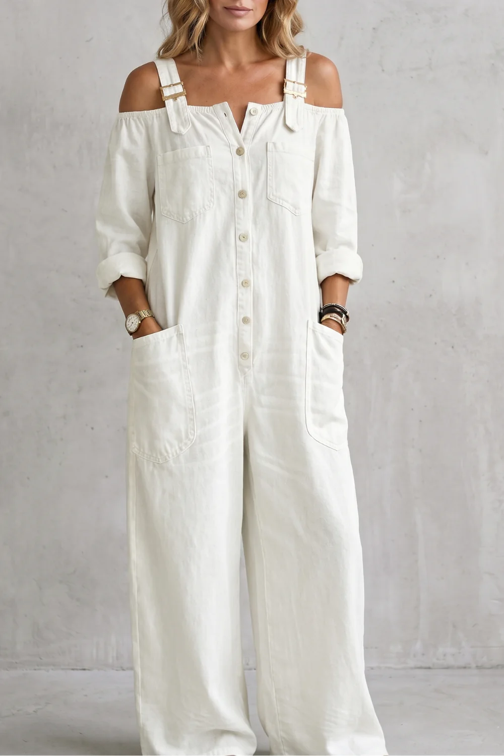 Denimora – Off-shoulder utility charm – Wide-leg overalls - Image 11