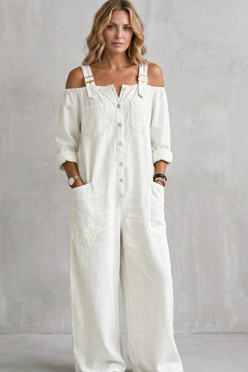 Denimora – Off-shoulder utility charm – Wide-leg overalls - Image 12