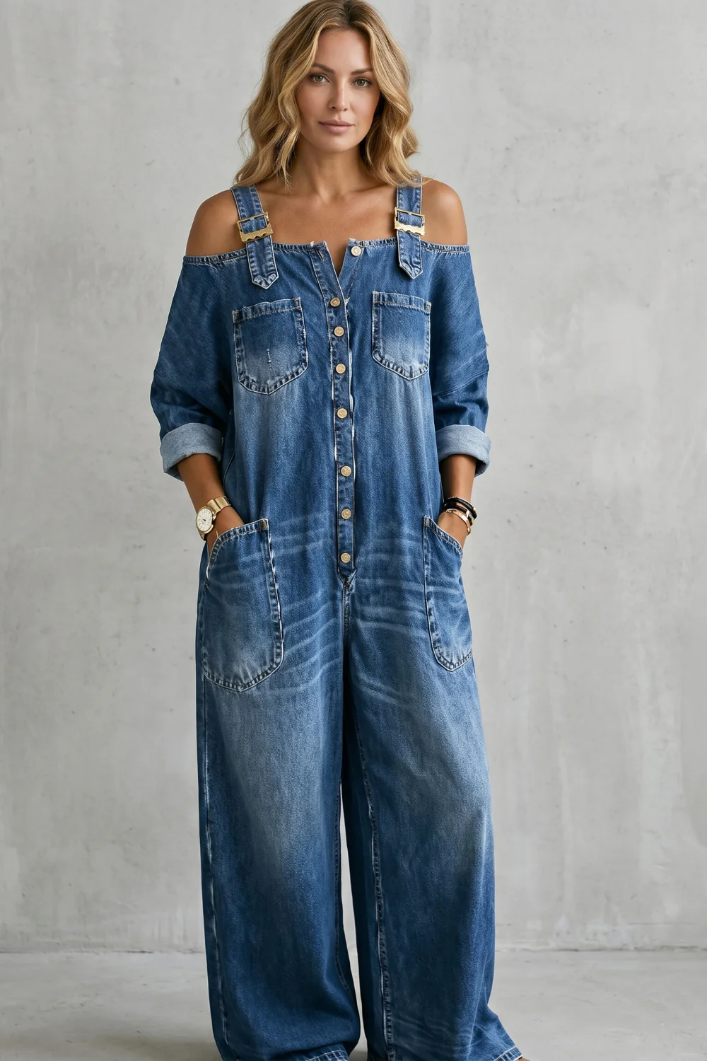 Denimora – Off-shoulder utility charm – Wide-leg overalls - Image 2