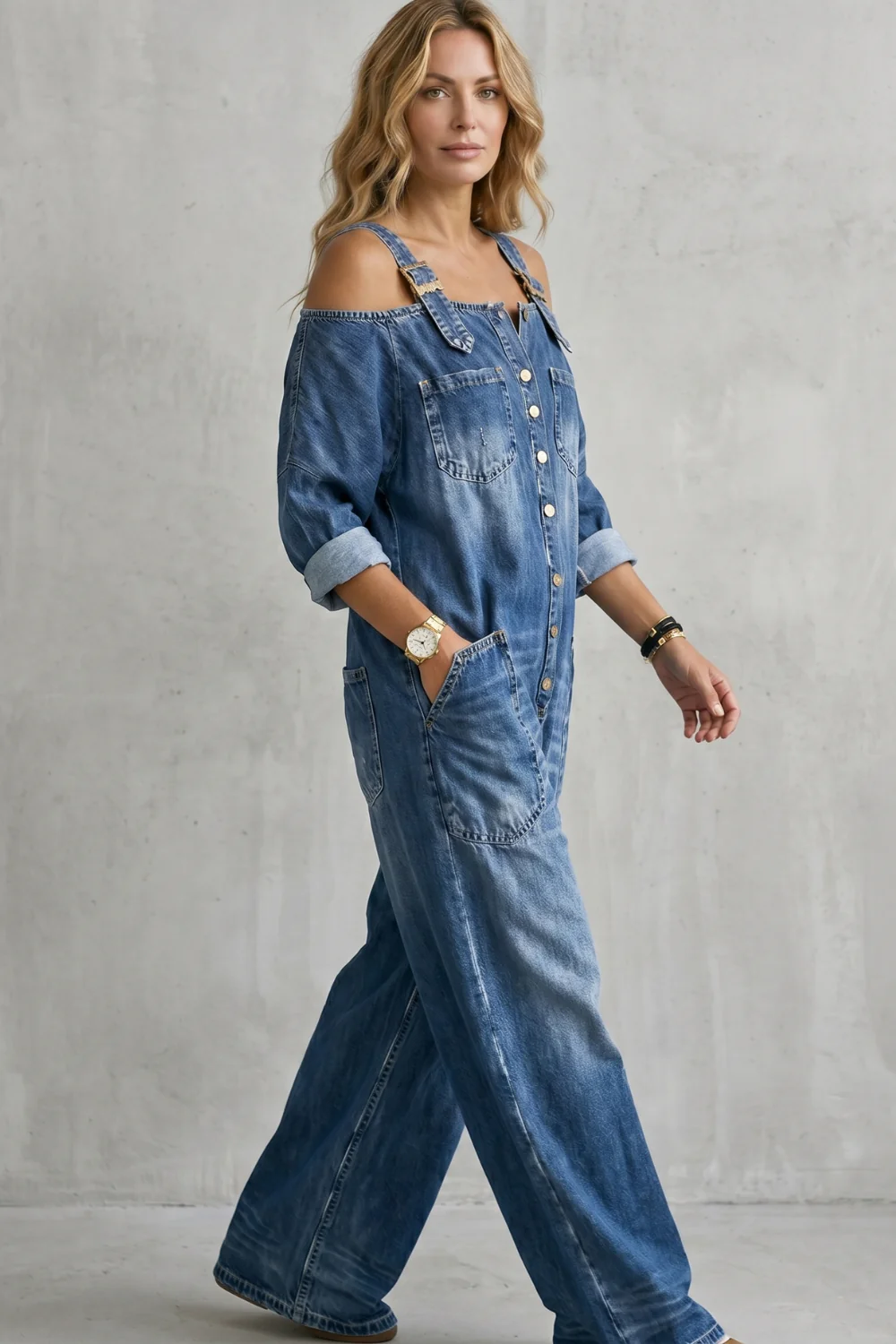 Denimora – Off-shoulder utility charm – Wide-leg overalls - Image 3