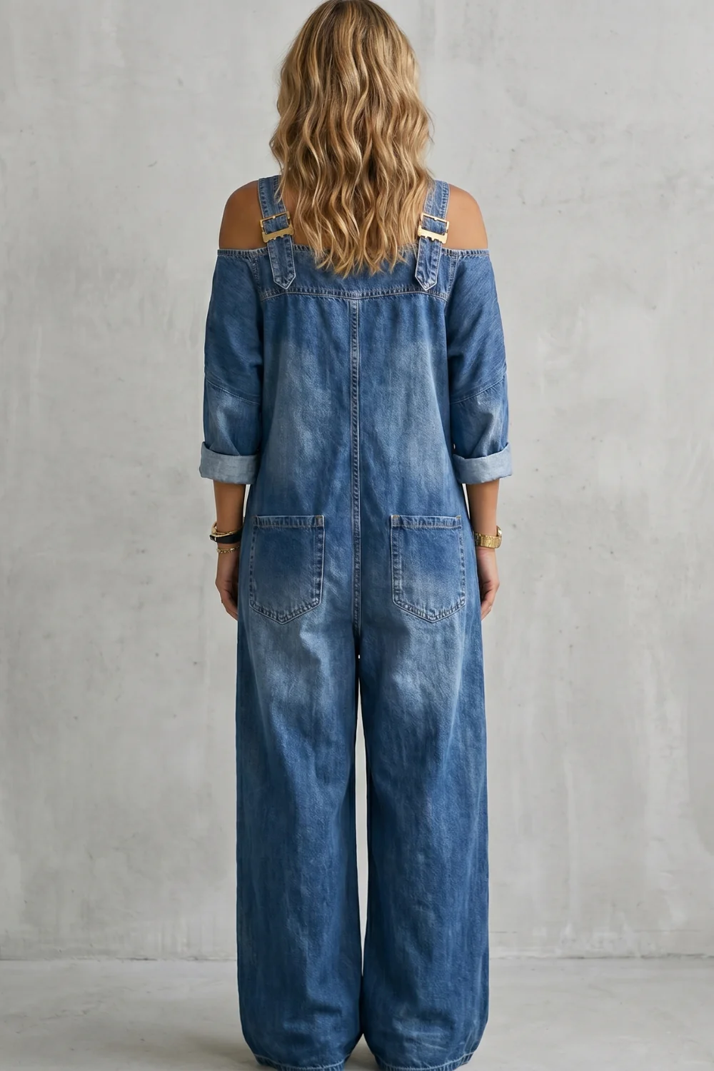 Denimora – Off-shoulder utility charm – Wide-leg overalls - Image 4
