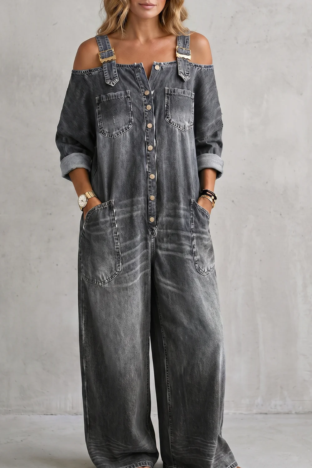 Denimora – Off-shoulder utility charm – Wide-leg overalls - Image 5