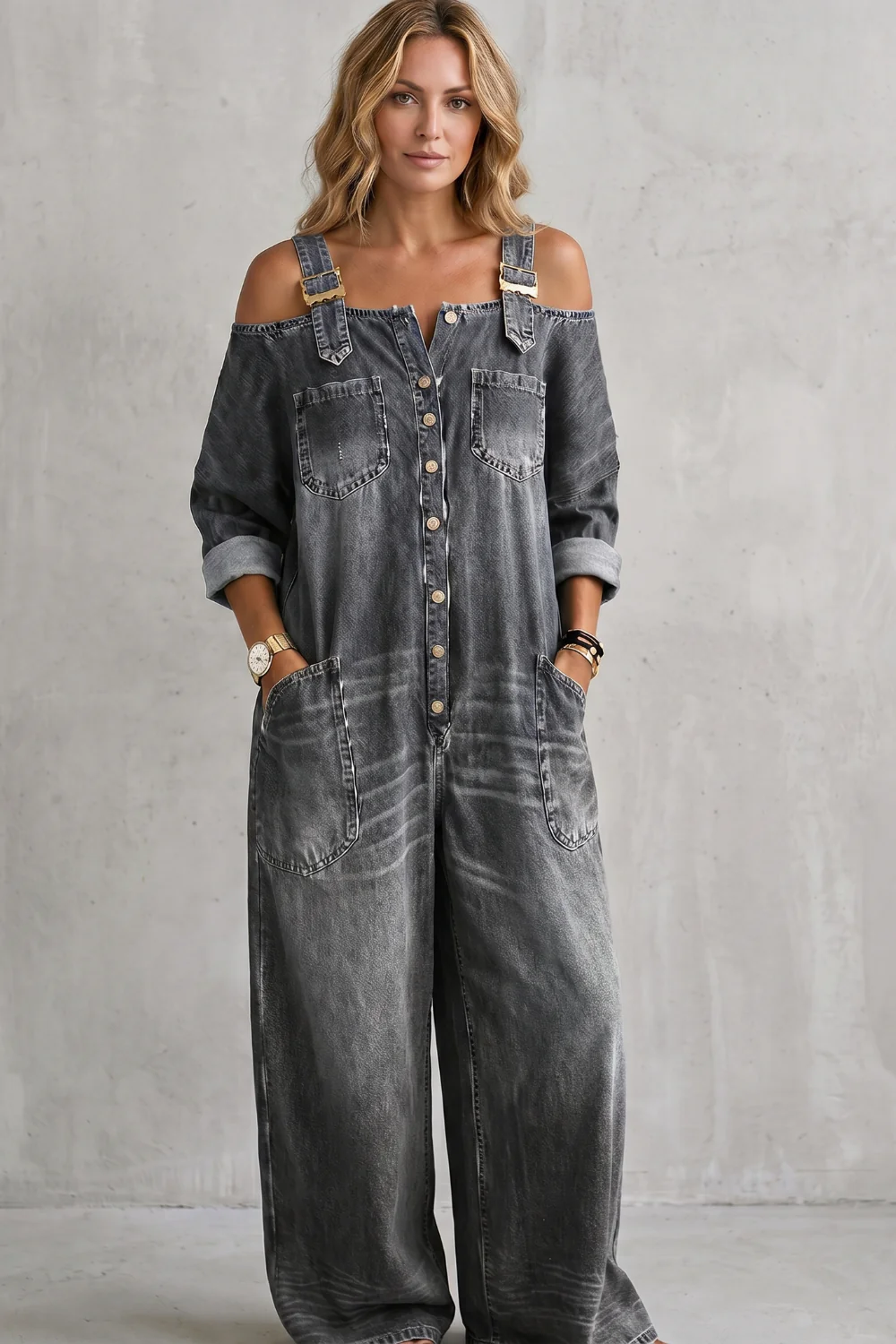 Denimora – Off-shoulder utility charm – Wide-leg overalls - Image 6