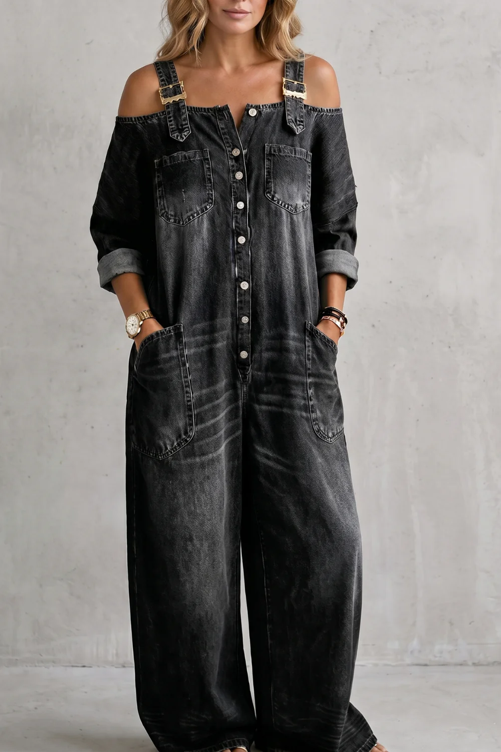 Denimora – Off-shoulder utility charm – Wide-leg overalls - Image 7