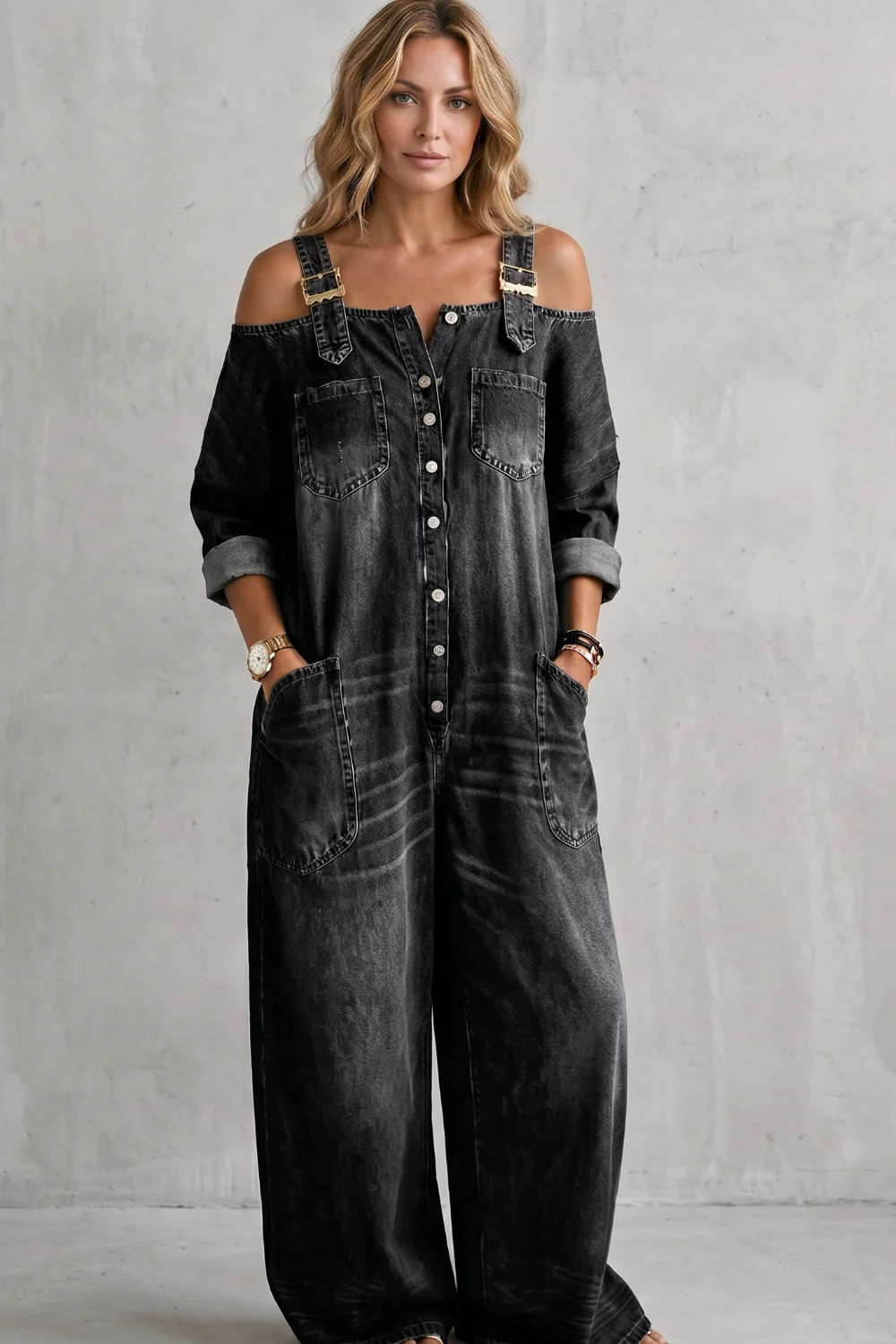 Denimora – Off-shoulder utility charm – Wide-leg overalls - Image 8