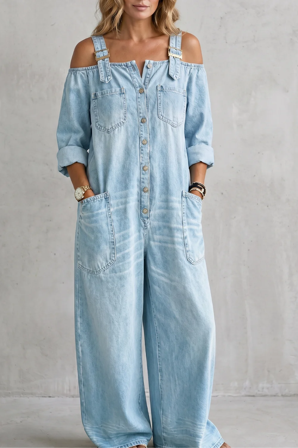 Denimora – Off-shoulder utility charm – Wide-leg overalls - Image 9