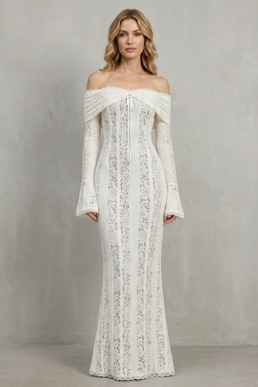 Elarina – Romantic lace silhouette – Off shoulder maxi dress - Image 2