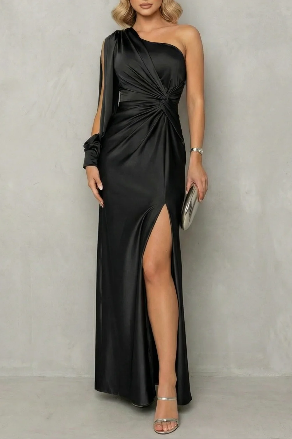 Elarisse – Draped waist elegance – One shoulder slit maxi dress - Image 13