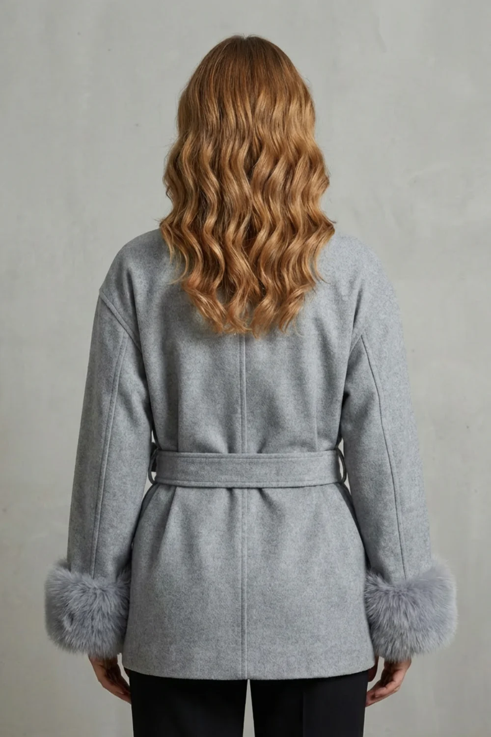 Elodie – Luxe Woolen Coat with Faux Fur Cuffs & Belted Wrap Design - Image 4