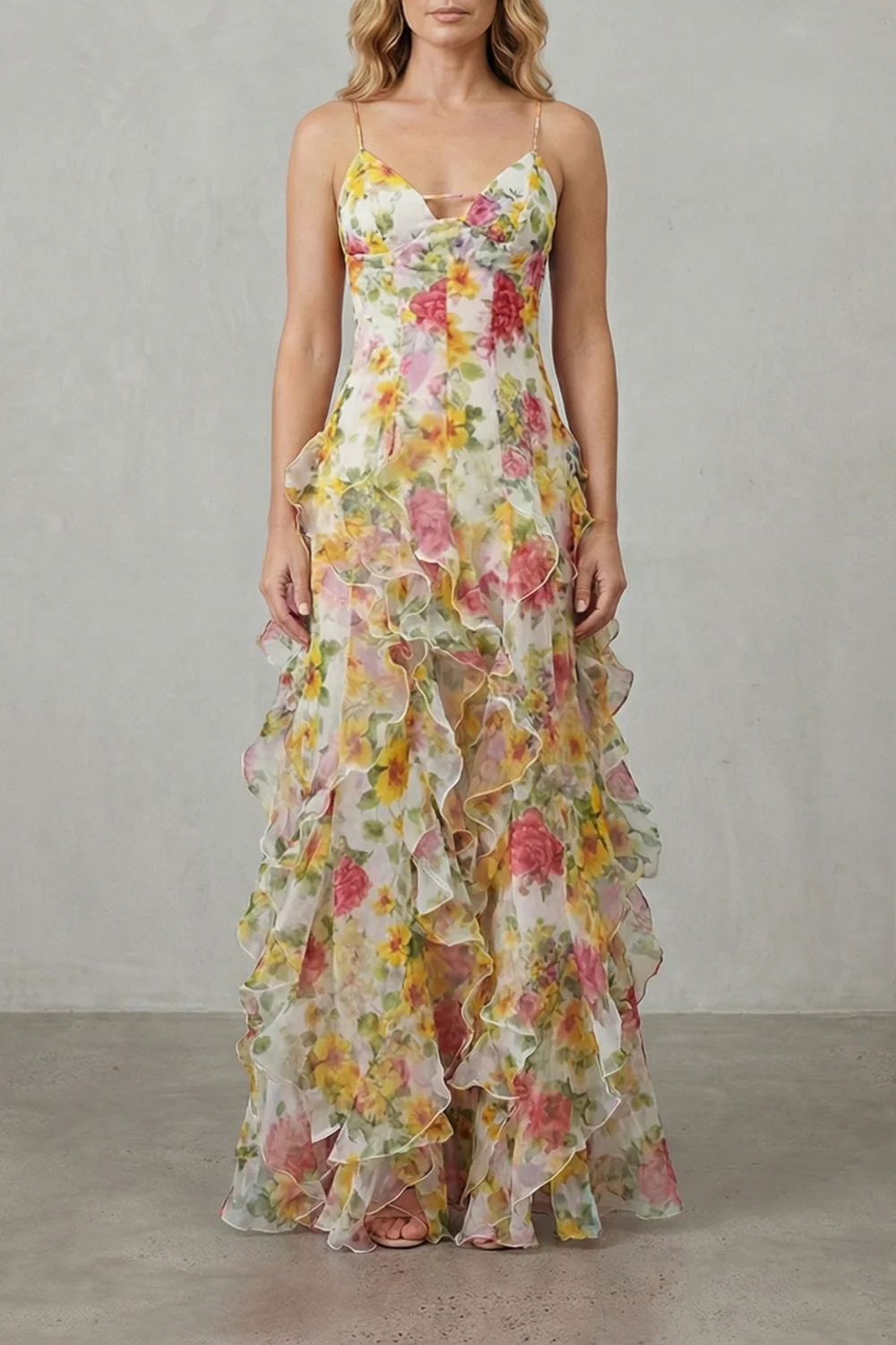 Fiorella – Watercolour bloom flow – Ruffled chiffon maxi dress - Image 5