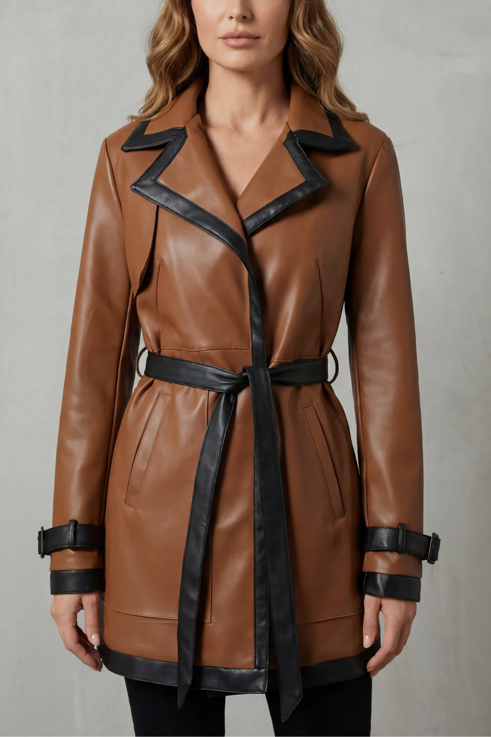 Mirella – Contrast trim wrap – Belted faux leather trench coat