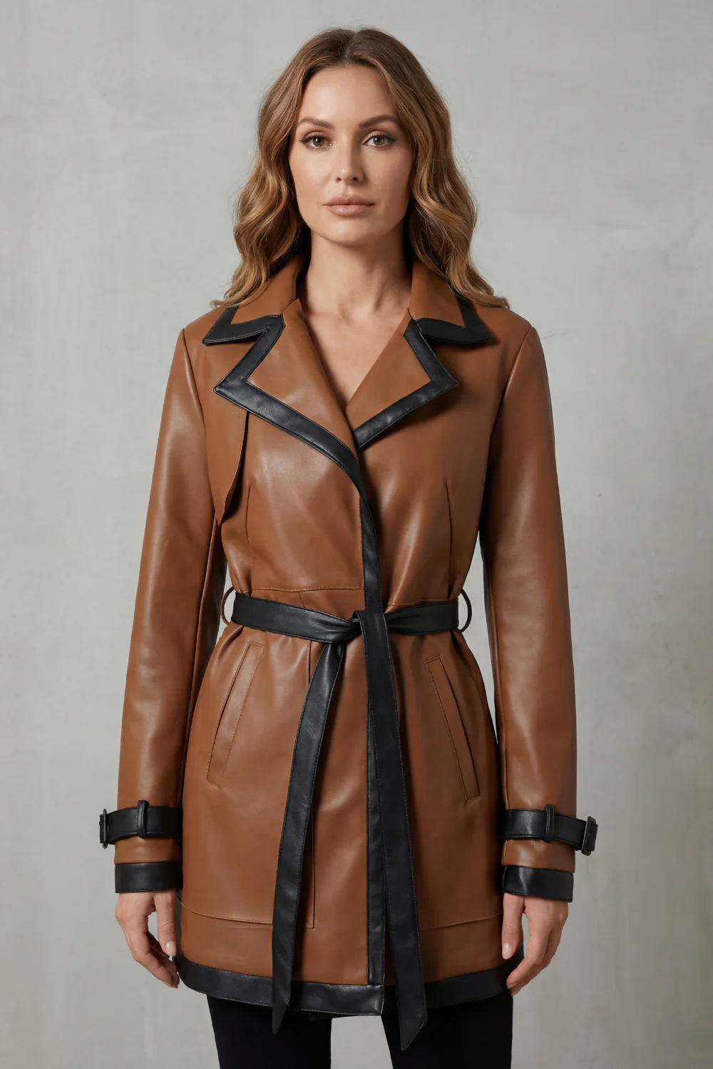 Mirella – Contrast trim wrap – Belted faux leather trench coat - Image 2