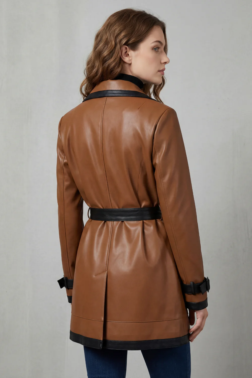 Mirella – Contrast trim wrap – Belted faux leather trench coat - Image 4
