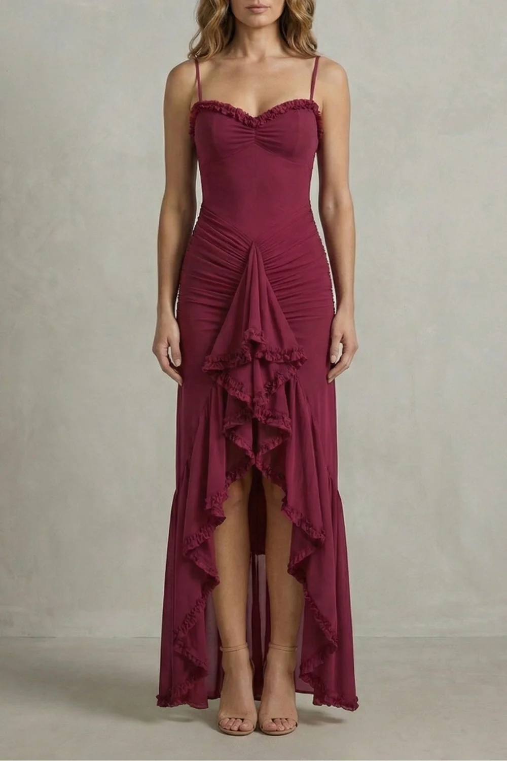 Phoebe – Feminine ruffle allure – Sleeveless high low maxi dress - Image 11