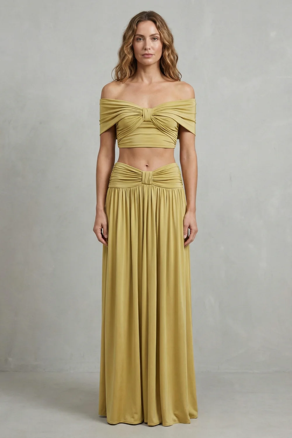 Ramona – Golden glow – Women’s Off-Shoulder Ruched Skirt Set - Image 2