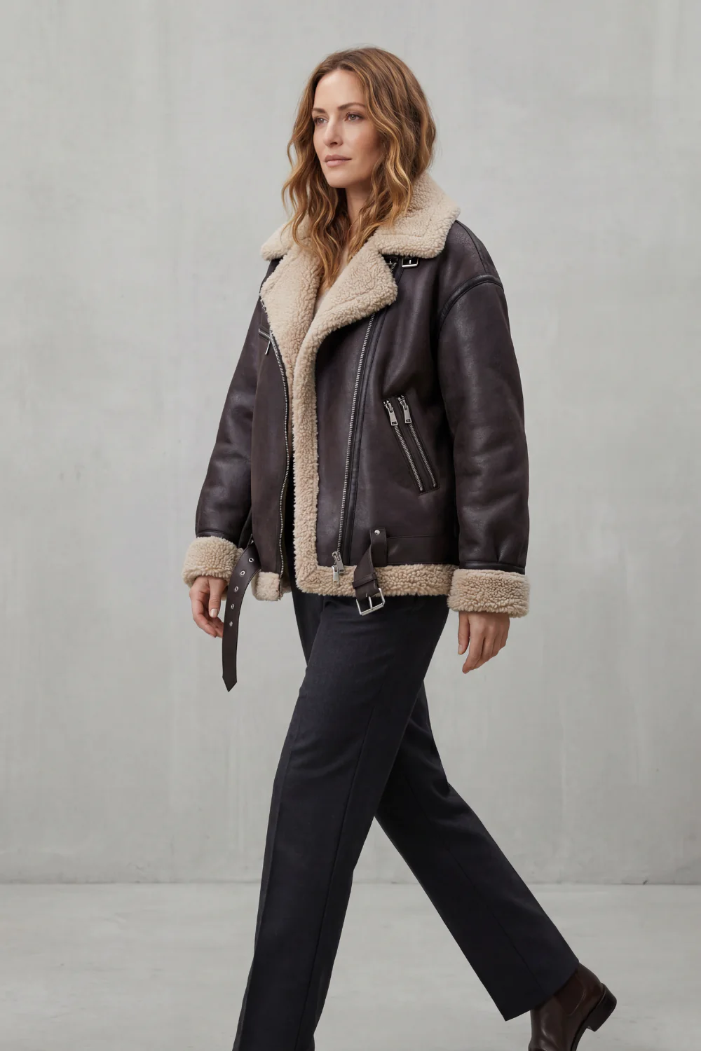 Rouxvelle – Belted shearling trim – Aviator coat - Image 3