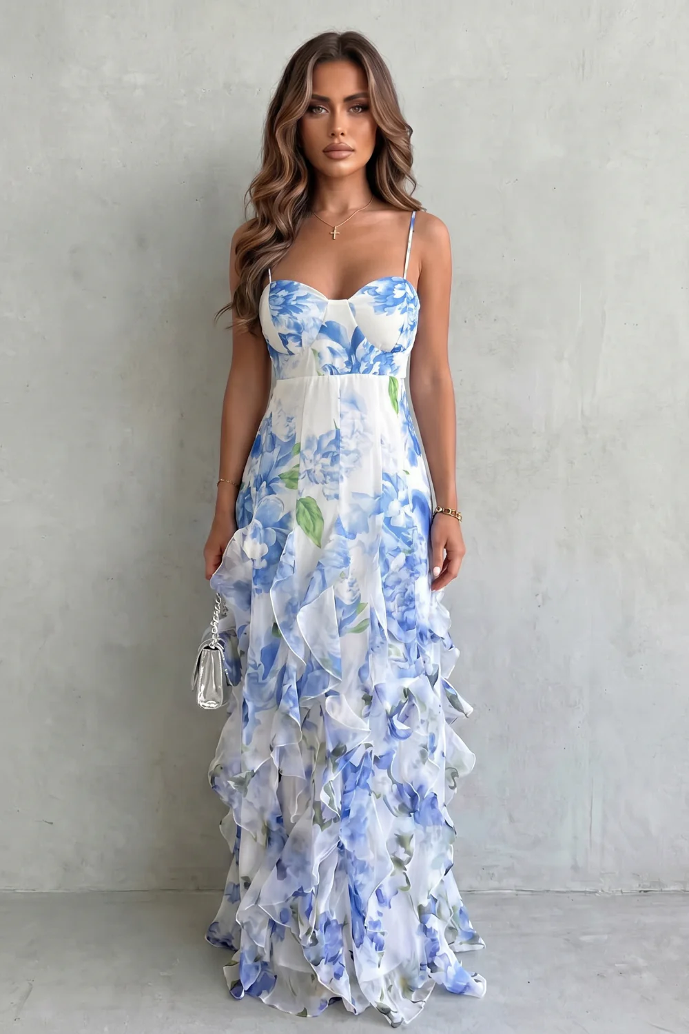 Sestina – Sheer floral cascade – Ruffled evening maxi dress - Image 2