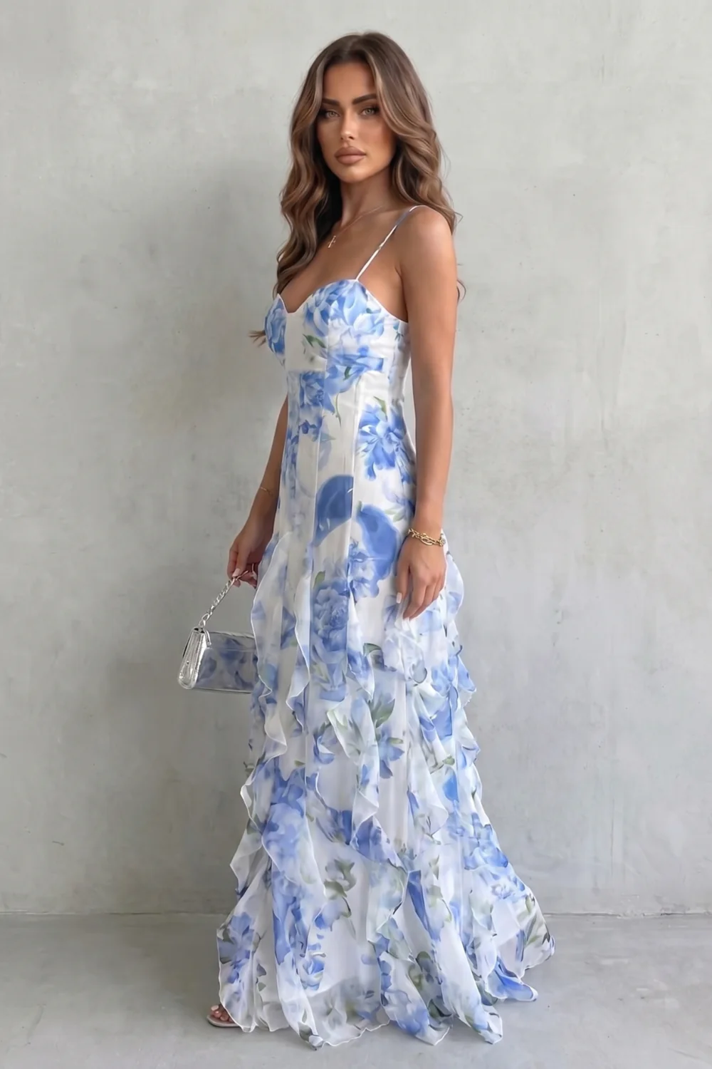 Sestina – Sheer floral cascade – Ruffled evening maxi dress - Image 3
