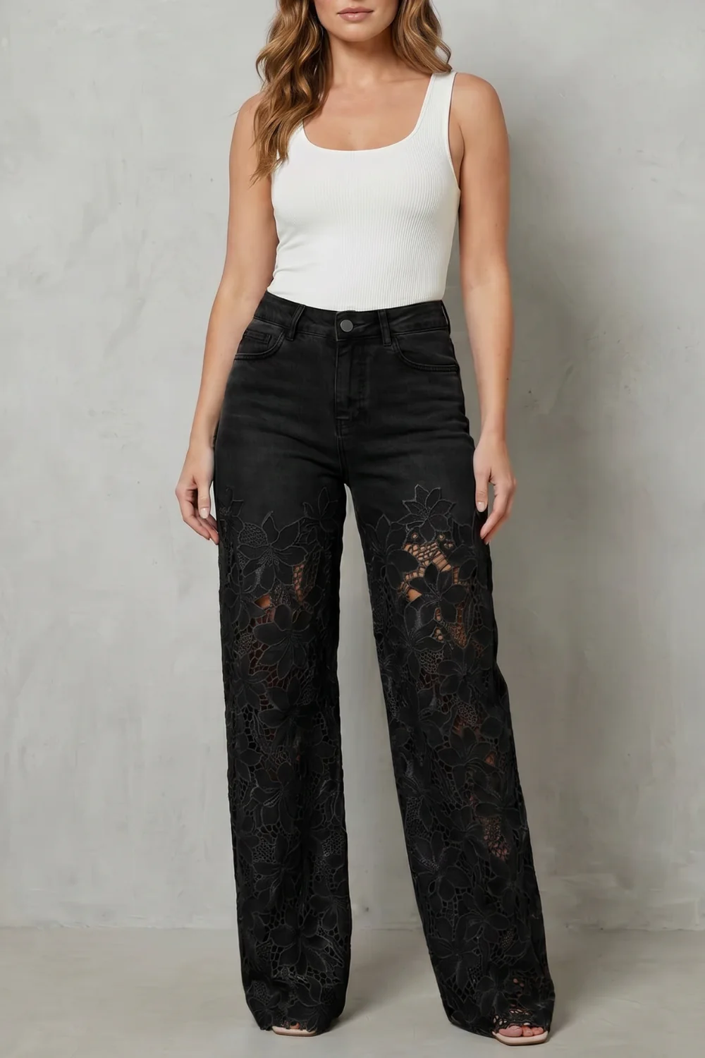 Solérine – Floral lace overlay – Wide-leg denim jeans - Image 11