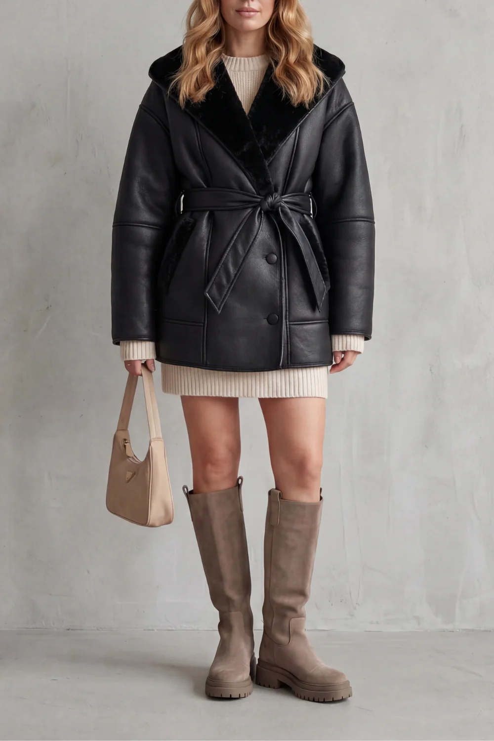 Sorelline – Contrast fleece wrap – Belted faux leather coat - Image 5