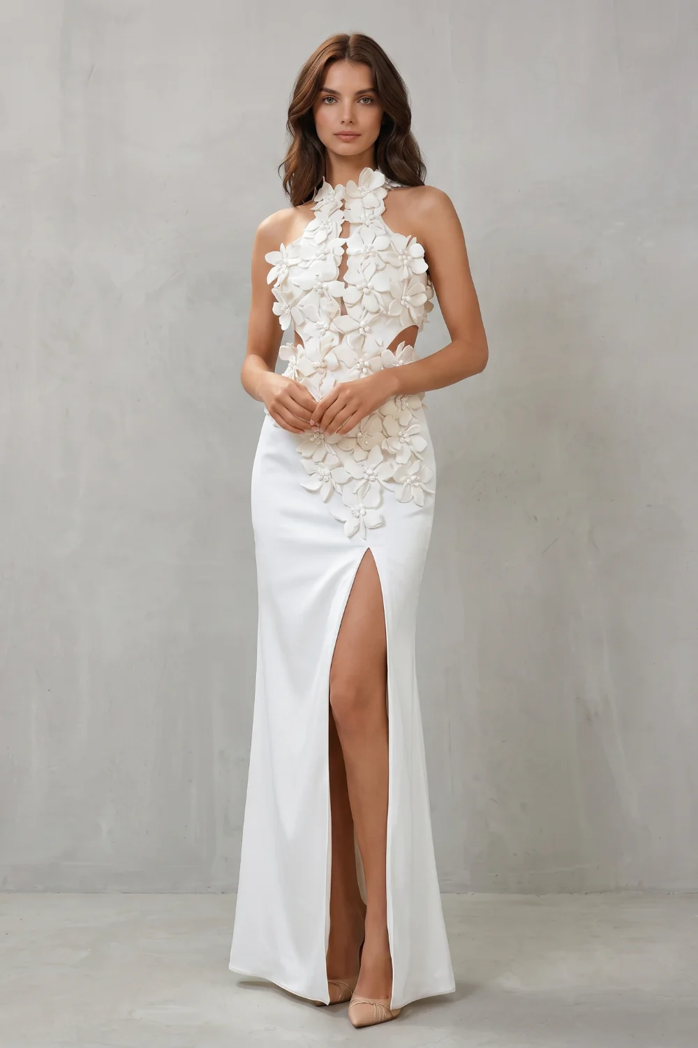 Una – Ethereal bloom – Women’s Halter Neck Flower Split Maxi Dress - Image 2