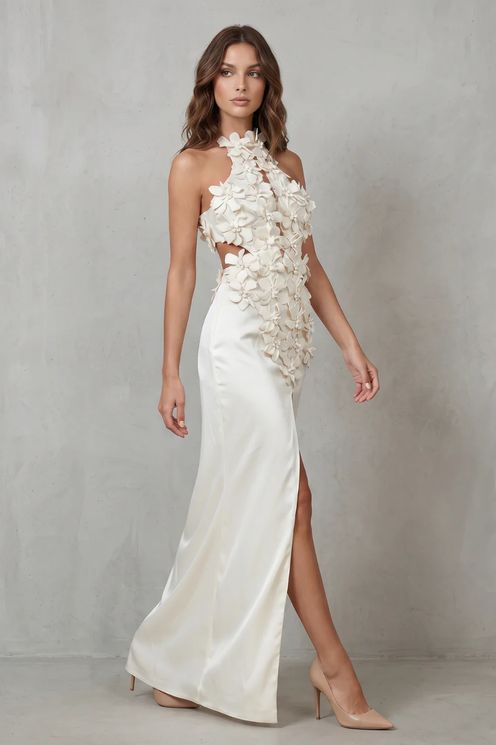 Una – Ethereal bloom – Women’s Halter Neck Flower Split Maxi Dress - Image 3