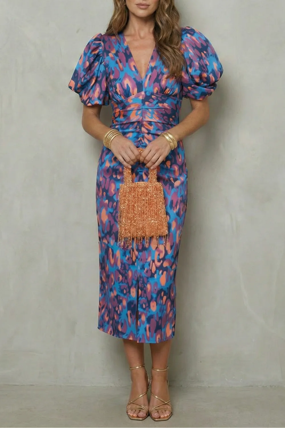 Valerissa – Bold abstract statement – Puff sleeve midi dress