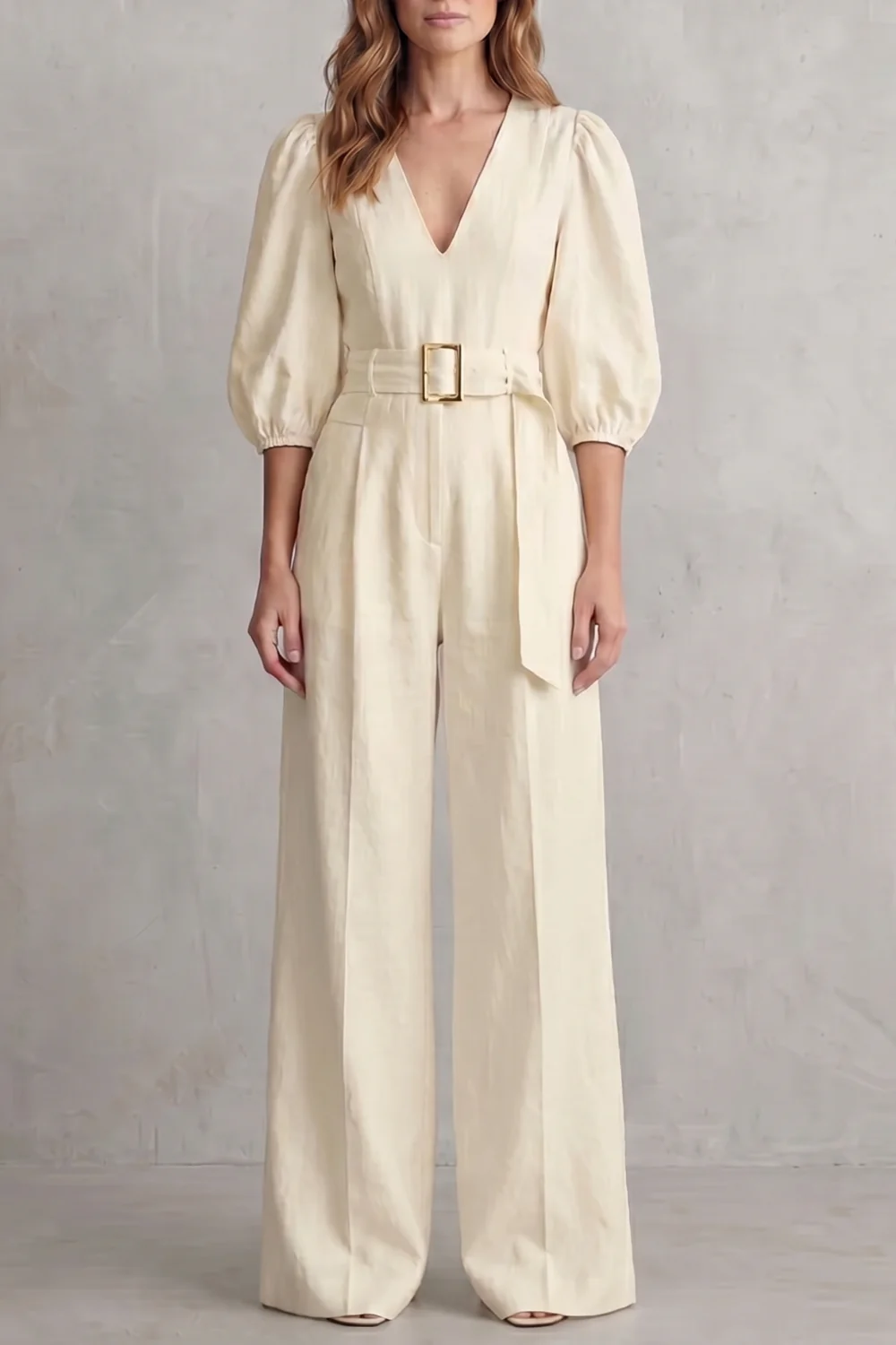 Velmora – Elegant belted puff sleeve – Wide leg jumpsuit
