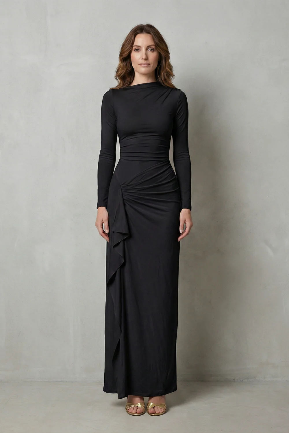 Veneta – Sculpted side drape – Long sleeve maxi gown - Image 6