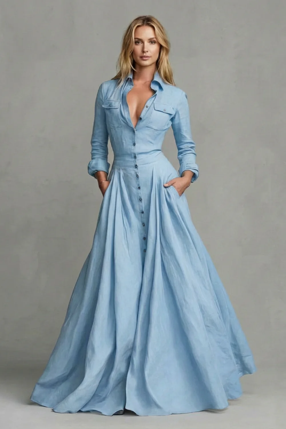 Verona – Long-Sleeved Collared Maxi Dress - Image 10