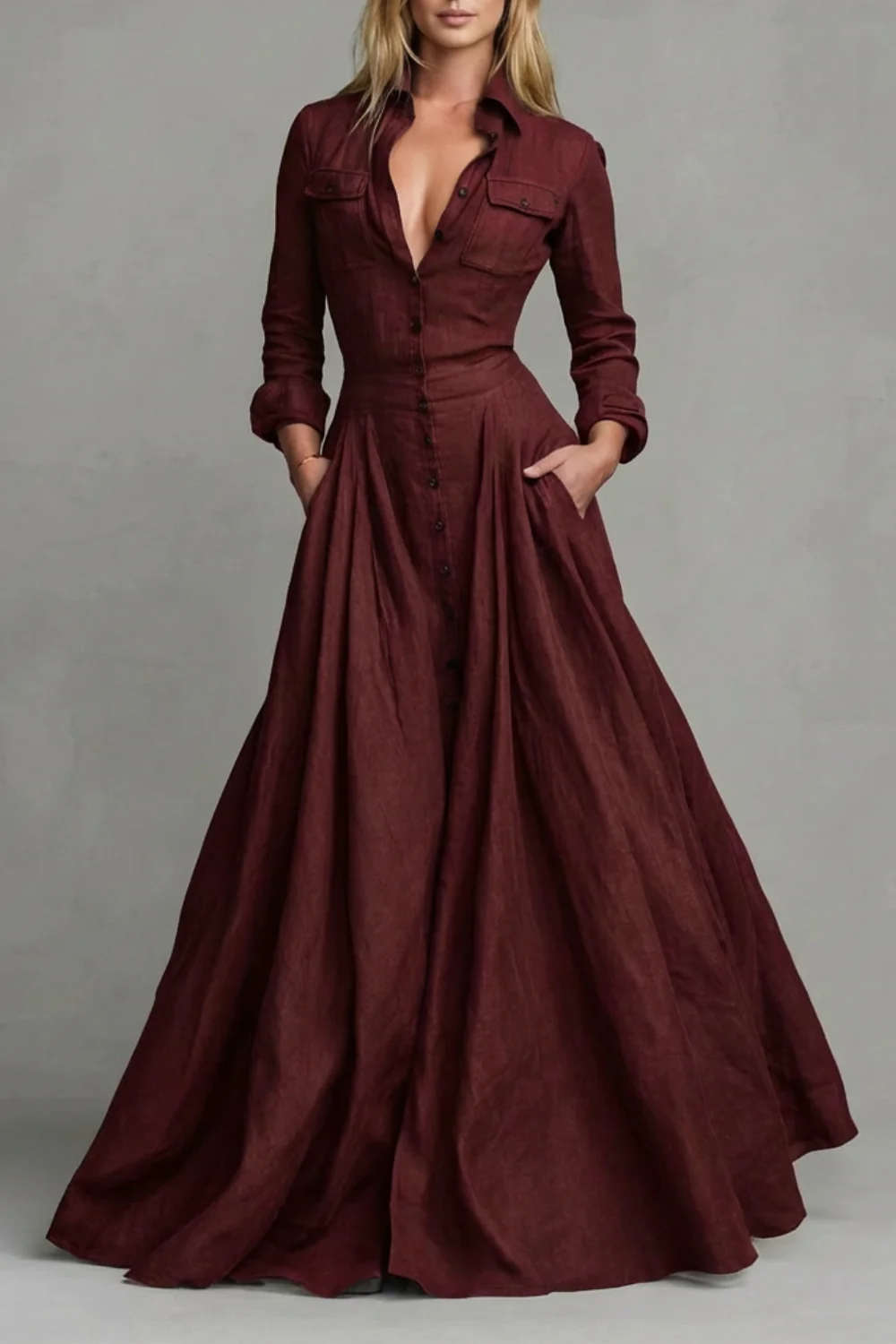 Verona – Long-Sleeved Collared Maxi Dress - Image 5