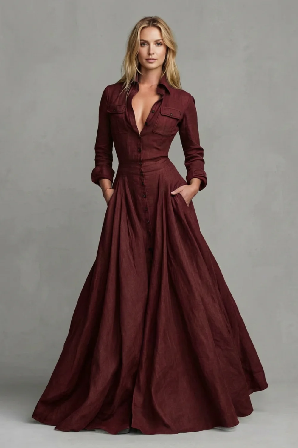 Verona – Long-Sleeved Collared Maxi Dress - Image 6