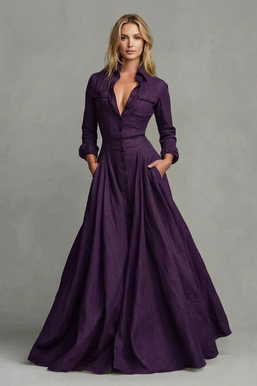 Verona – Long-Sleeved Collared Maxi Dress - Image 8