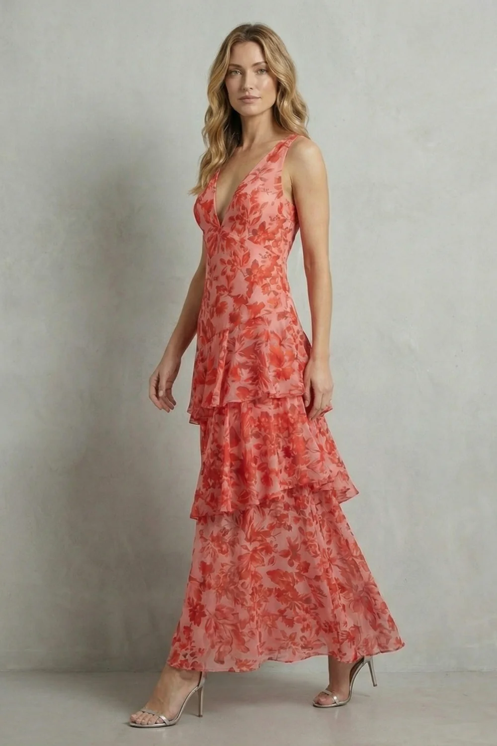 Virella – Crimson blossom layers – Tiered chiffon maxi dress - Image 3