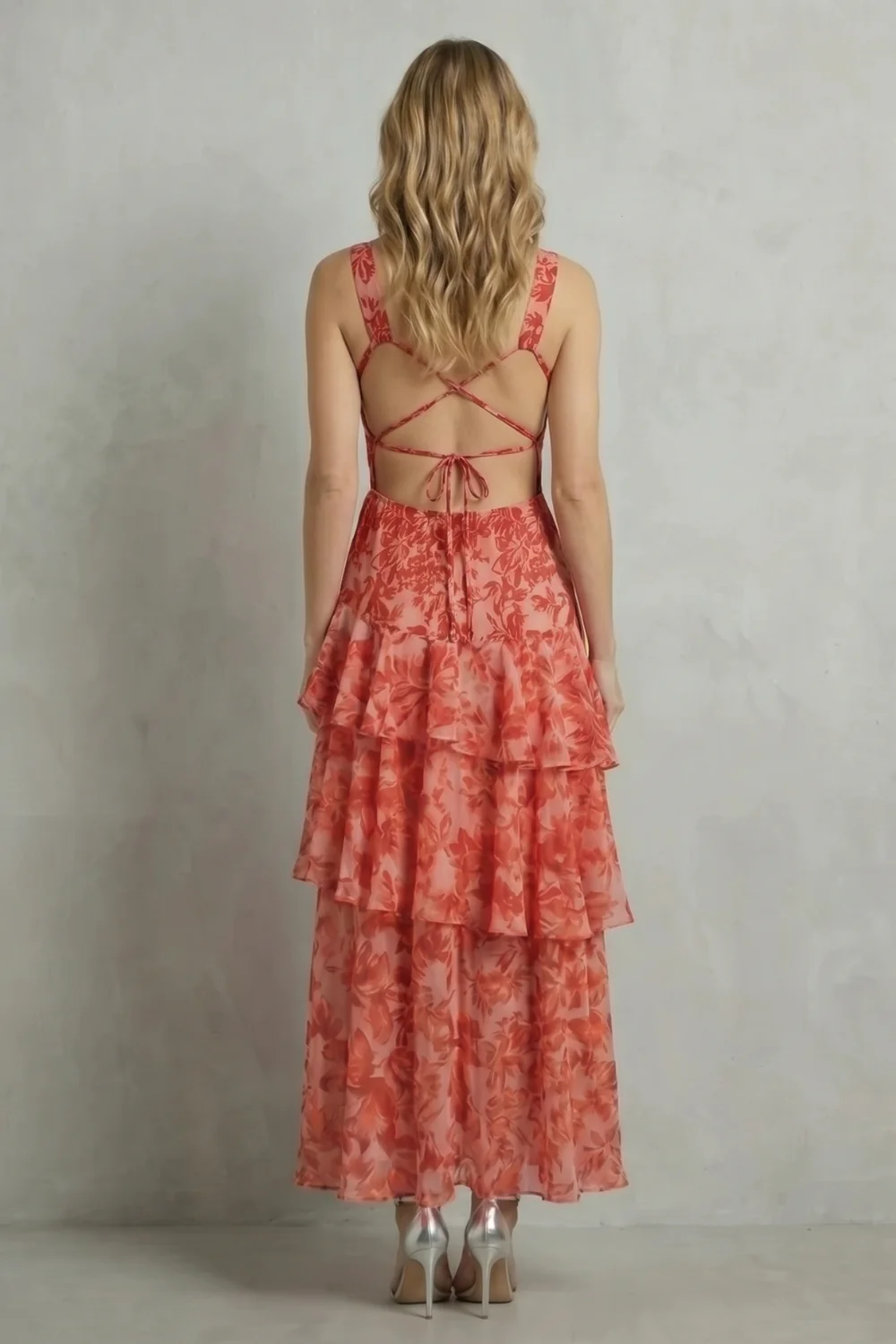 Virella – Crimson blossom layers – Tiered chiffon maxi dress - Image 4
